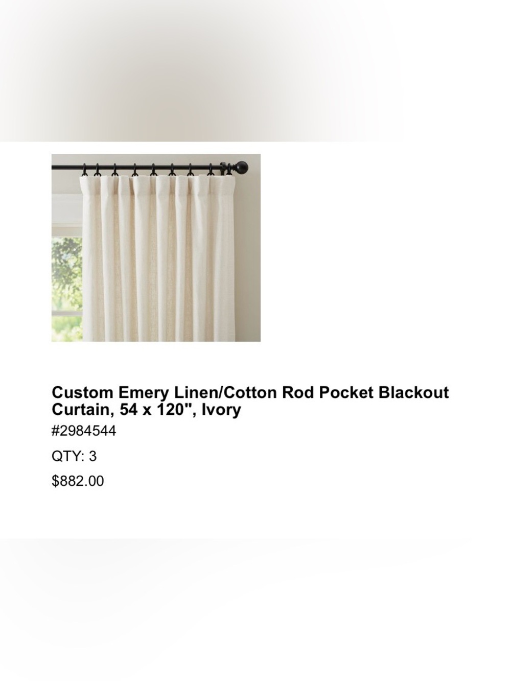 Pottery barn Custom Linen/Cotton blend Rod Pocket Blackout Curtain - Ivory